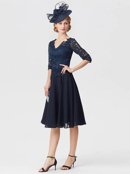Mother of the Bride Dress Elegant V Neck Knee Length Chiffon Sheer Lace Half Sleeve with Lace