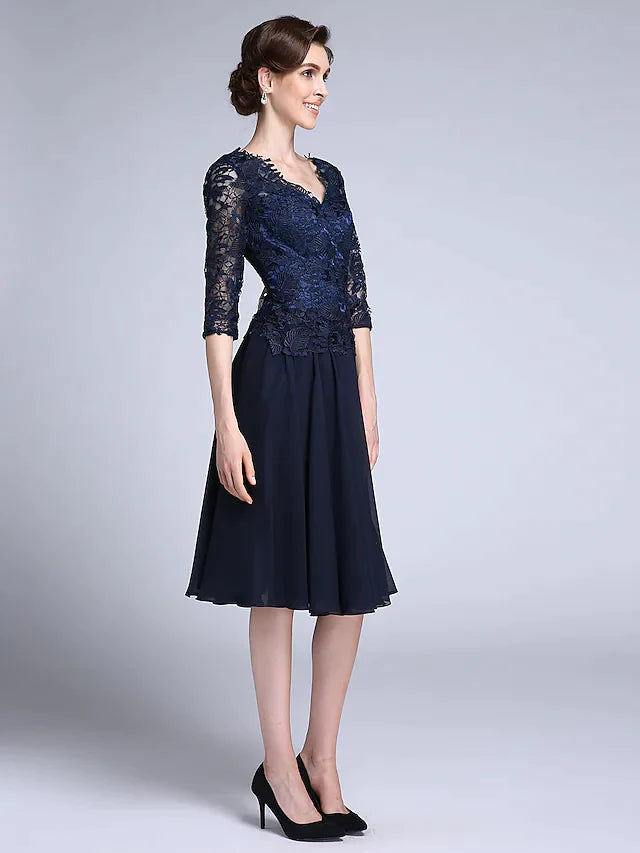 Mother of the Bride Dress Elegant V Neck Knee Length Chiffon Sheer Lace Half Sleeve with Lace