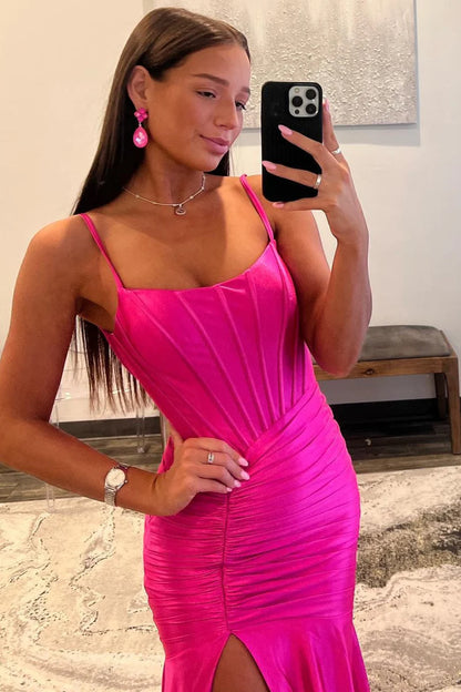 Mermaid Scoop Neck Satin Backless Prom Dress with Slit
