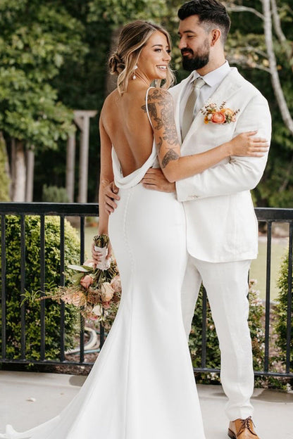 Elegant Mermaid V Neck Elastic Satin Long Wedding Dress