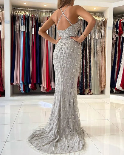 Mermaid Spaghett-Straps Evening Dress Beadings Split Party Gown