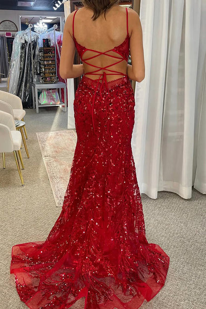 Cute Mermaid V Neck Red Sequins Long Prom Dress