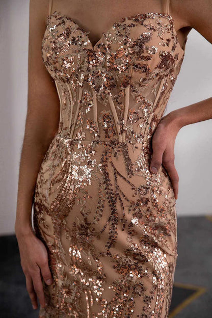 Champagne Sequins Prom Dress with Sheer Corset Bodice Sweep/Brush Train Dresses