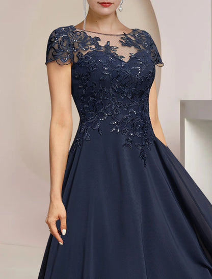 A-Line Mother of the Bride Dress High Low Scoop Neck Asymmetrical Tea Length Chiffon Lace Short Sleeve with Sequin
