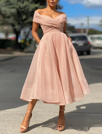 A-Line Prom Dresses Vintage Dress Wedding Guest Tea Length Off Shoulder with Ruched