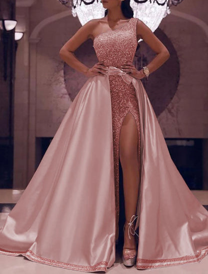 Ball Gown Prom Dresses Sparkle & Shine Dress Evening Party One Shoulder Detachable Satin with Bow(s) Sequin Slit