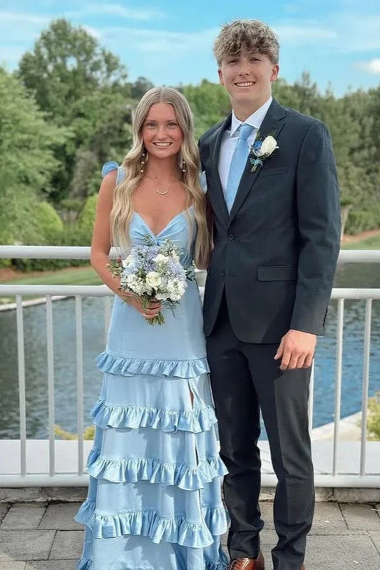 Cute A Line V Neck Blue Satin Tiered Prom Dress with Slit