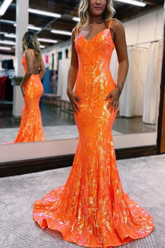 Sparkly Mermaid V Neck Orange Sequins Backless Long Dress Prom Dresses
