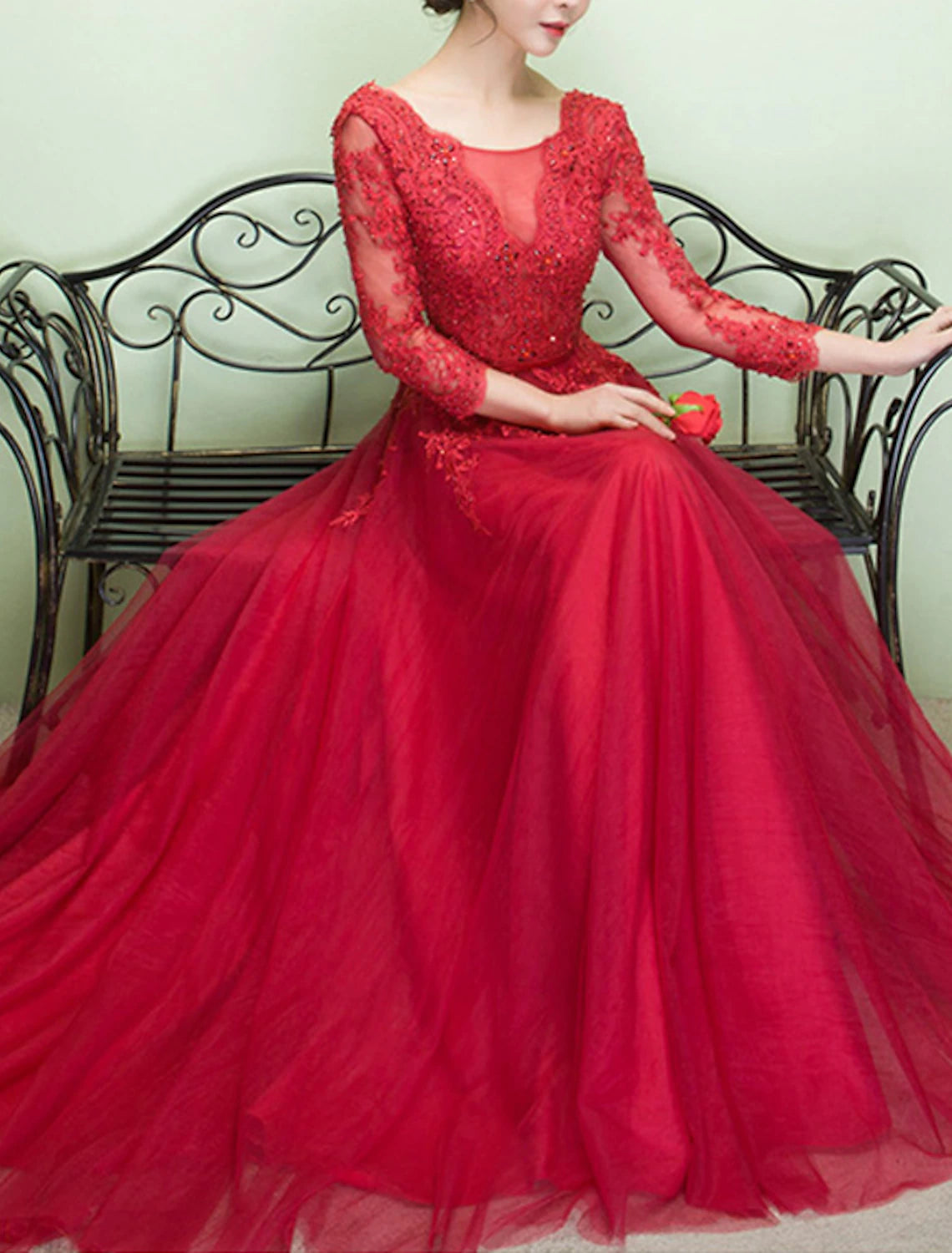 A-Line Evening Gown Prom Dress Chapel Train Half Sleeve Illusion Neck Tulle with Beading Appliques