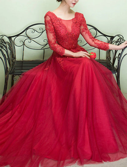 A-Line Evening Gown Prom Dress Chapel Train Half Sleeve Illusion Neck Tulle with Beading Appliques