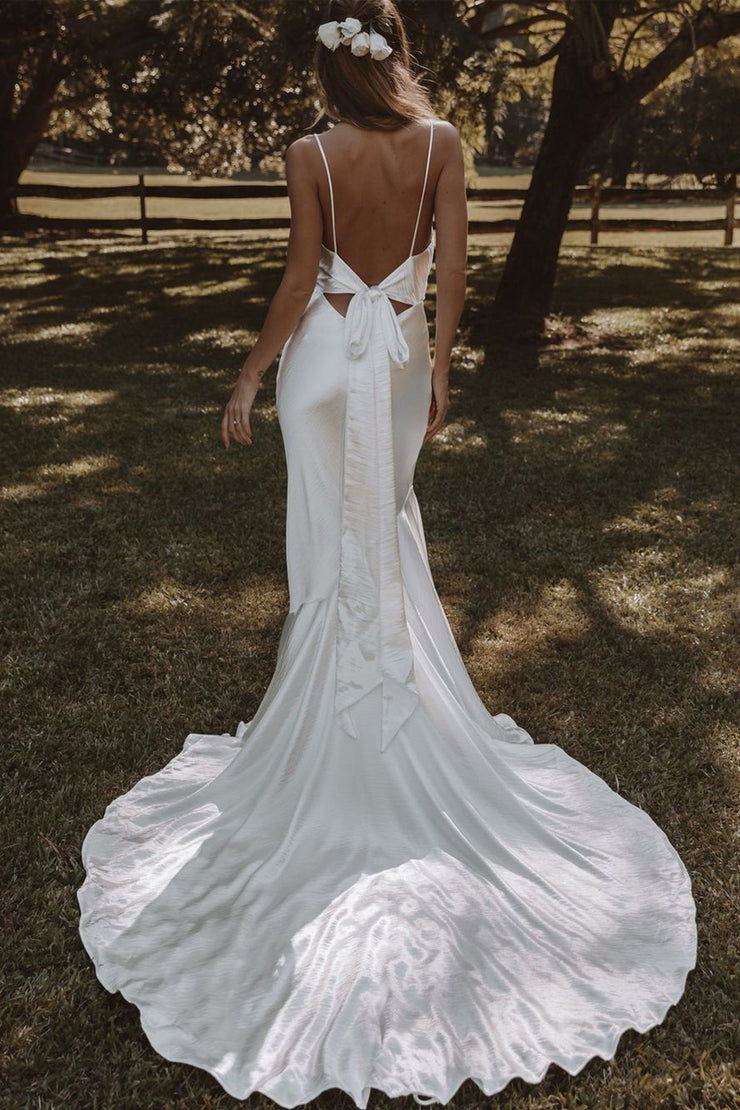 Fashion Mermaid Cowl Neck Silk Satin Long Wedding Dresses with Slit
