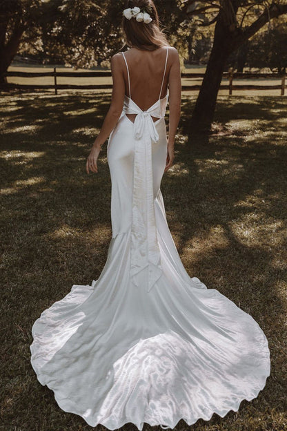 Fashion Mermaid Cowl Neck Silk Satin Long Wedding Dresses with Slit