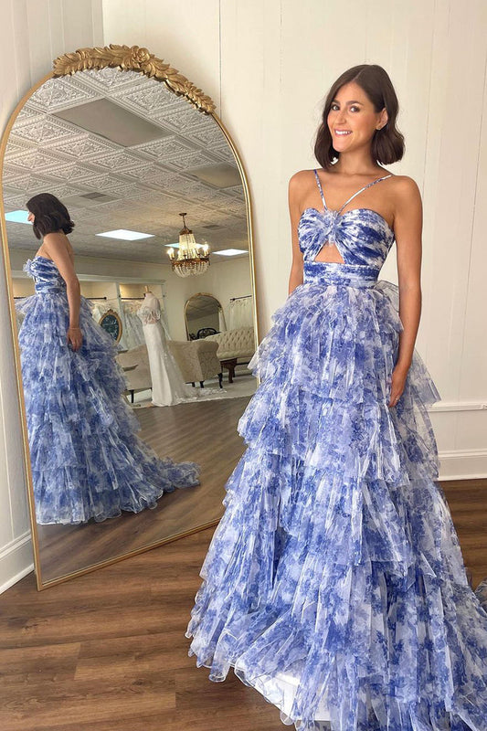 Cute A Line Cutout Straps Floral Print Tulle Tiered Prom Dress
