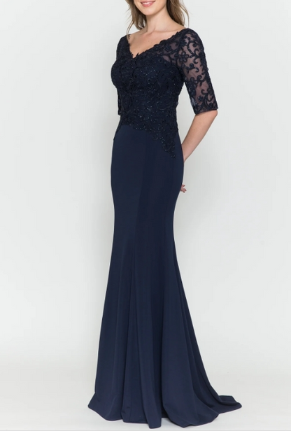 Mermaid Embroidered V-Neck Sheer-Sleeved Formal Prom Dress