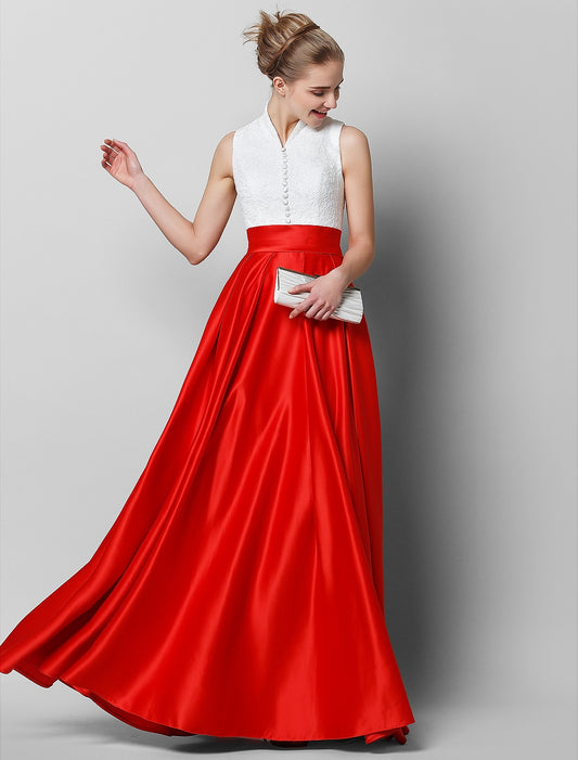 A-Line Formal Evening Black Tie Gala Floor Length Sleeveless High Neck Satin with Pleats