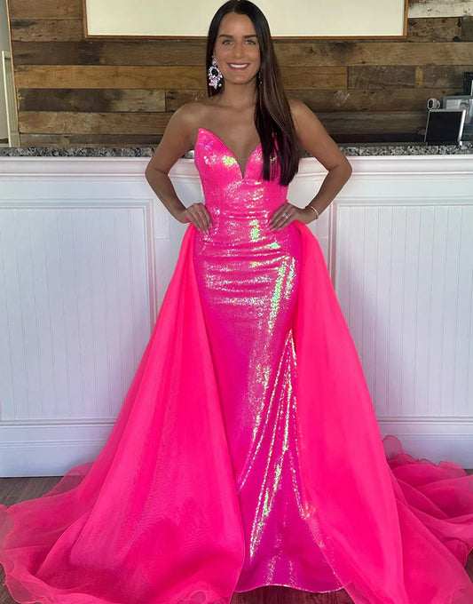 Sparkly Fuchsia Mermaid V-Neck Long Prom Dress