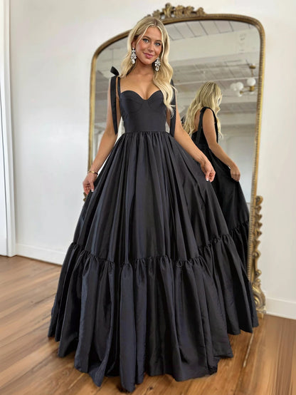 A-Line Sweetheart Neck Taffeta Black Long Prom Dress Evening Dress