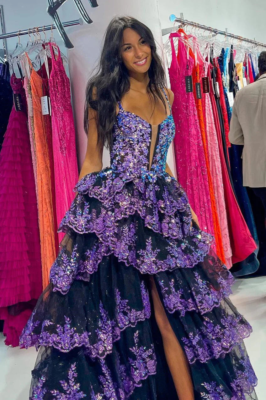 A-line Straps Multi-Layers Sequined Long Prom Dress with Slit