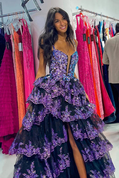 A-line Straps Multi-Layers Sequined Long Prom Dress with Slit