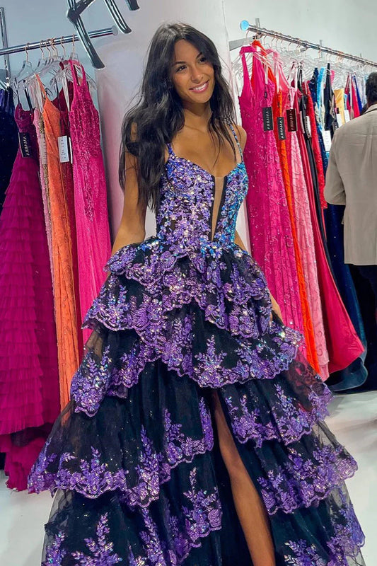 A-line Straps Multi-Layers Sequined Long Prom Dress with Slit