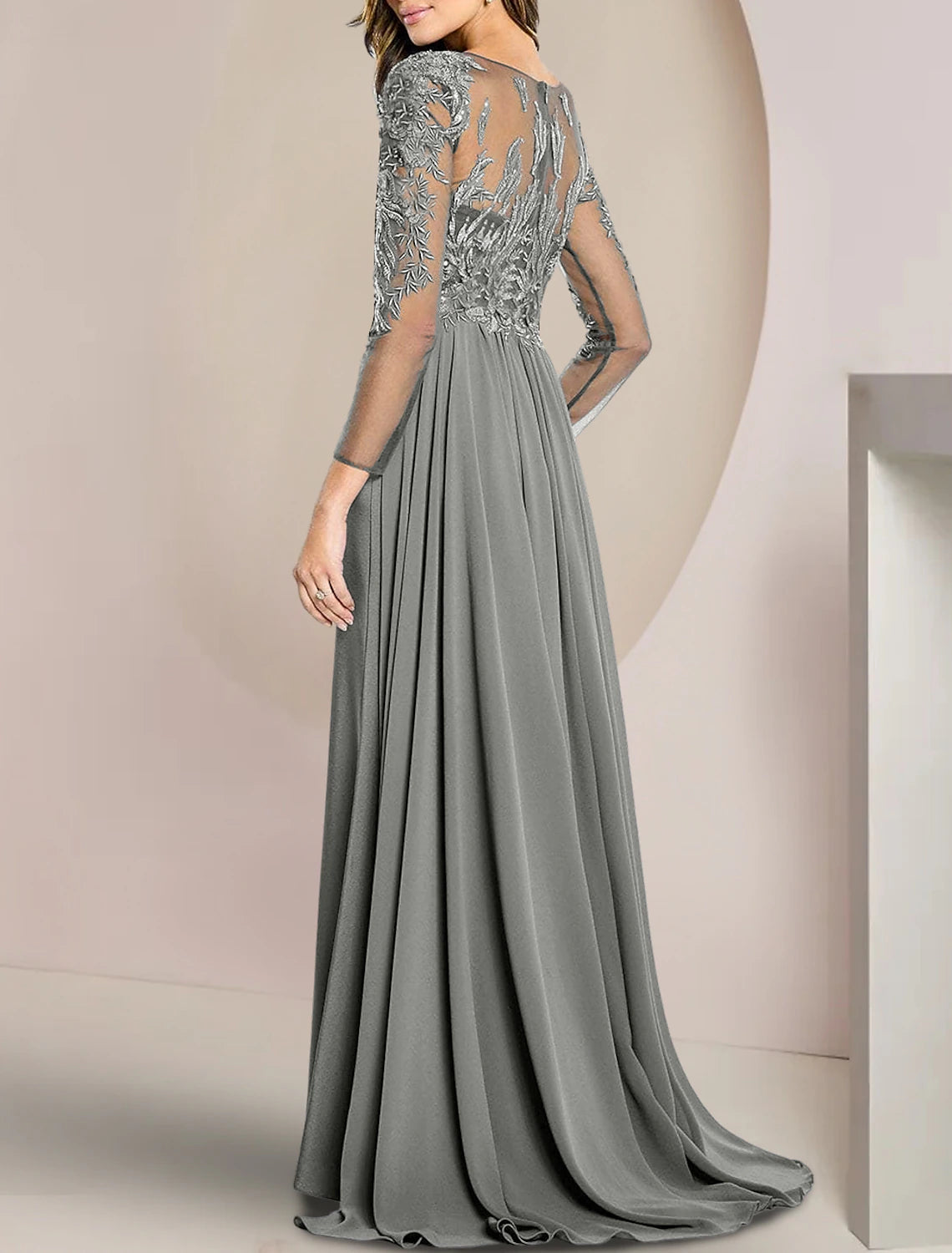Sheath / Column Mother of the Bride Dress Formal Floor Length Chiffon Lace Long Sleeve with Beading Appliques