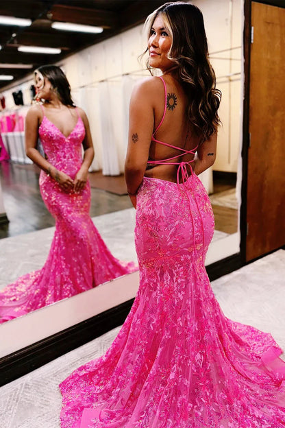 Stunning Blue Sequin Lace V-Neck Long Dress Tulle Long Prom Dress Party Dress