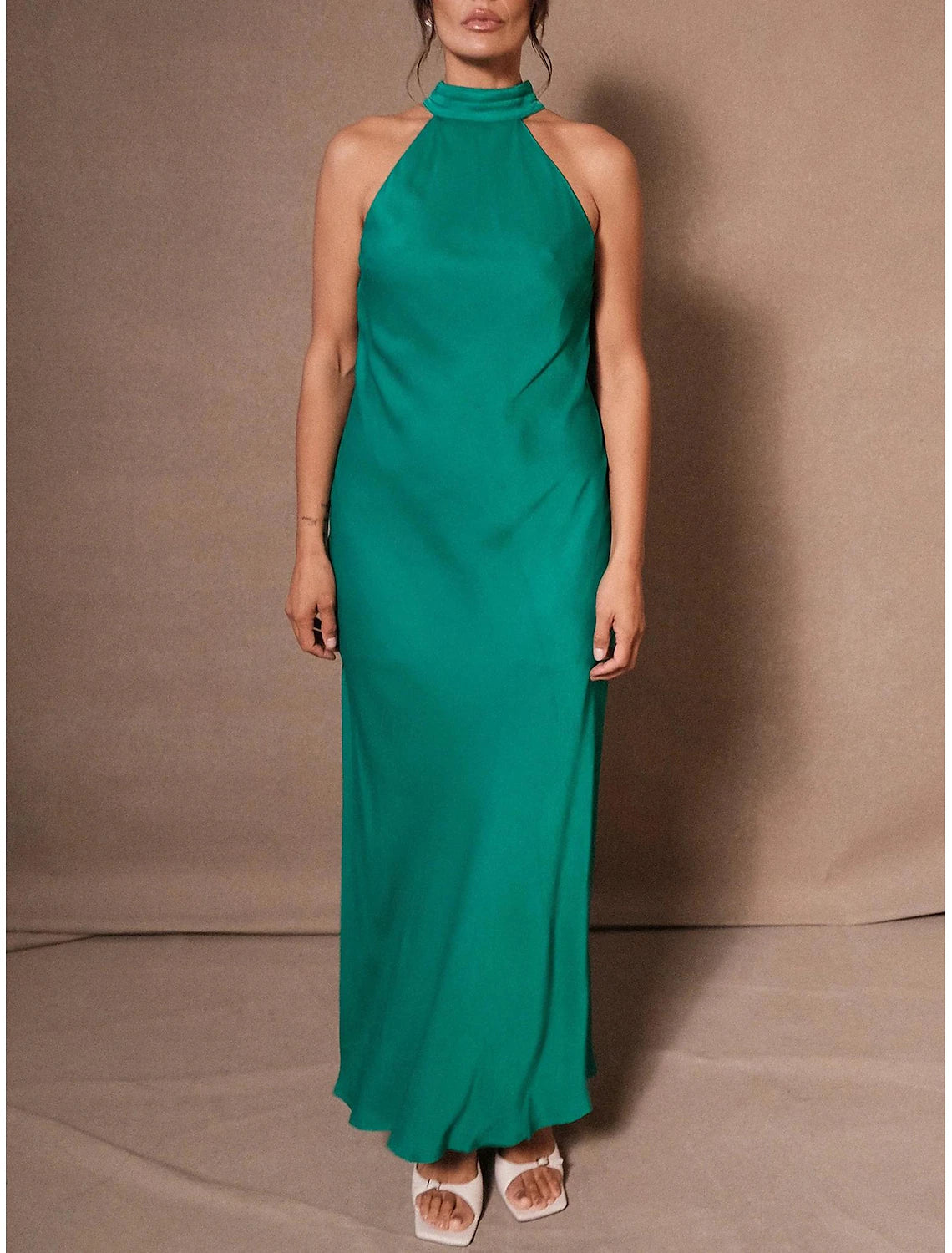 Black Column Elegant Dress Formal Floor Length Sleeveless Halter Neck Charmeuse Backless