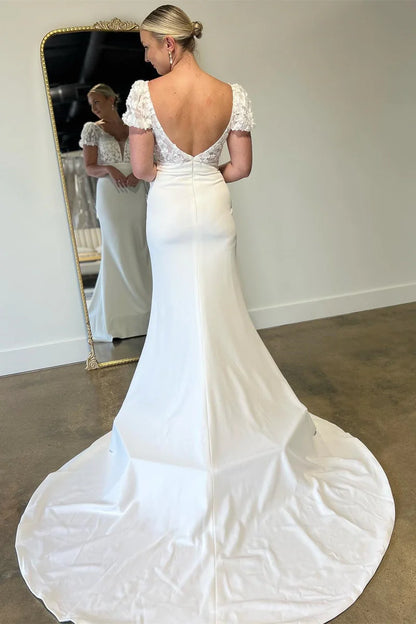 White Floral Applique Long Wedding Dress with Short Sleeves Court Train Dresses