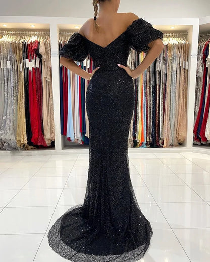Black Off-the-Shoulder Party Gown Sequins Evening Dress Mermaid