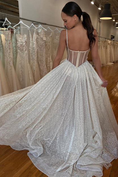Lace Appliques Sparkly Wedding Dress Bridal Gown With Slit