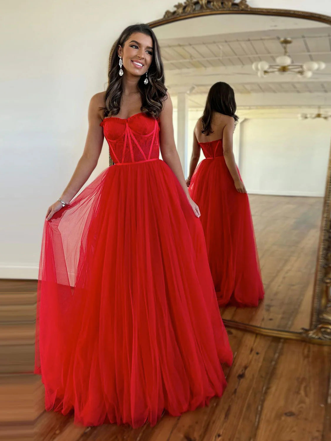 A-Line Lace Tulle Red Long Prom Dress Lace Formal Evening Dresses With Slit
