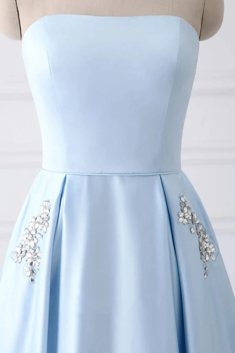 A-Line Elegant Beaded Pockets Strapless Long Prom Dress