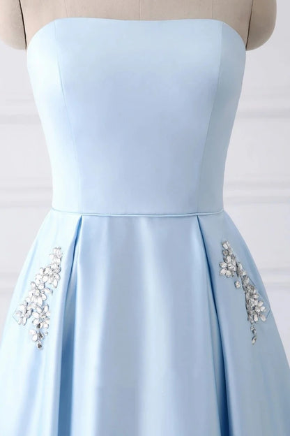 A-Line Elegant Beaded Pockets Strapless Long Prom Dress