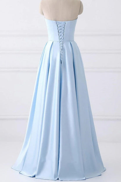 A-Line Elegant Beaded Pockets Strapless Long Prom Dress