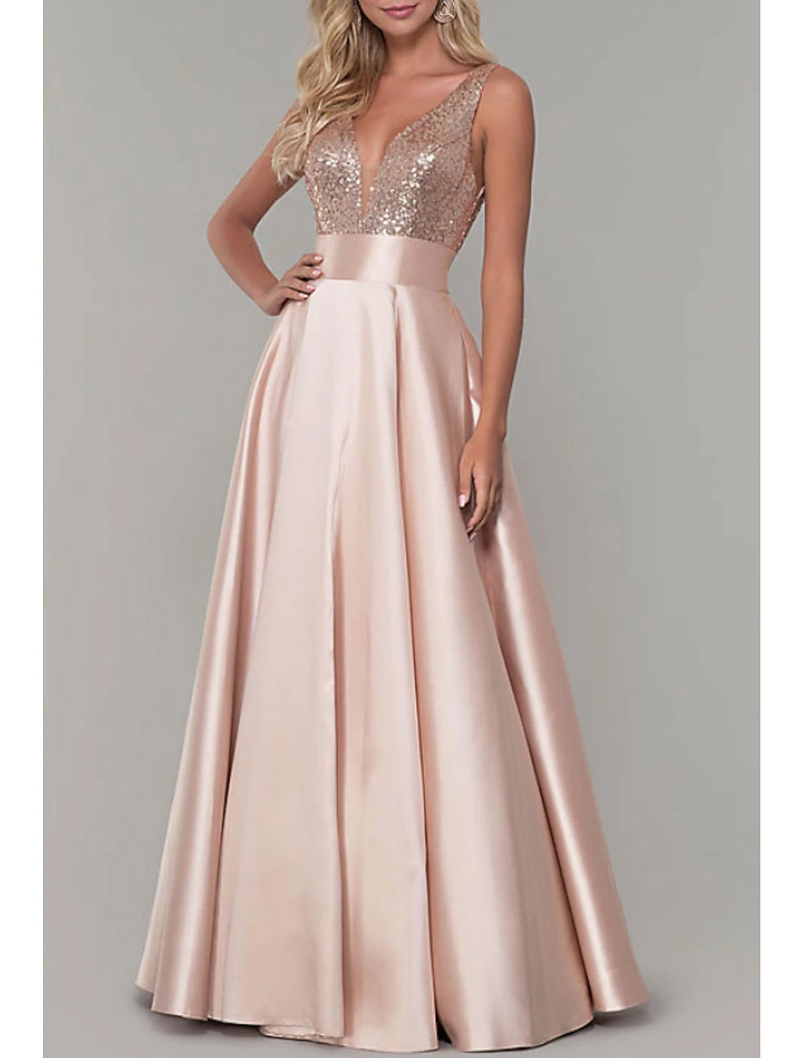 A-Line Prom Dresses Sparkle Evening Floor Length Sleeveless V Neck Satin with Pleats Sequin