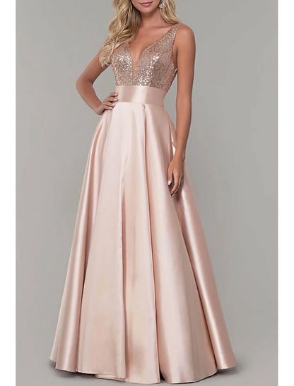 A-Line Prom Dresses Sparkle Evening Floor Length Sleeveless V Neck Satin with Pleats Sequin