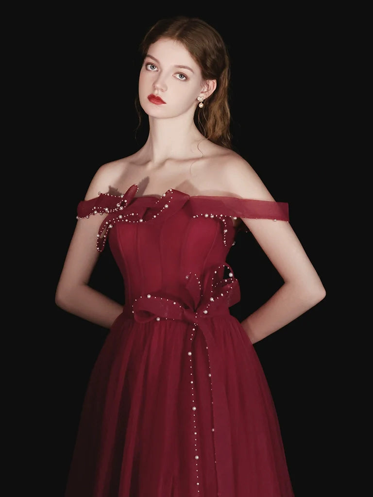 A-Line Tulle Beads Burgundy Long Prom Dress Evening Dress