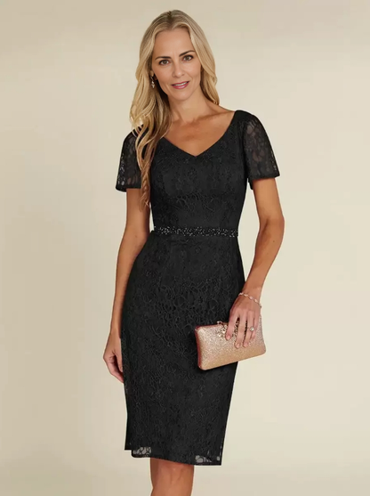 Sheath Mother of the Bride Dresse V-Neck Short Sleeves Short Lace Knee-Length Wedding Guest Dresses