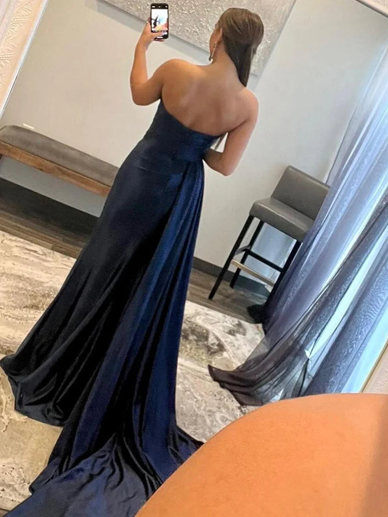 Navy Blue Mermaid Strapless Satin Prom Dress with Slit