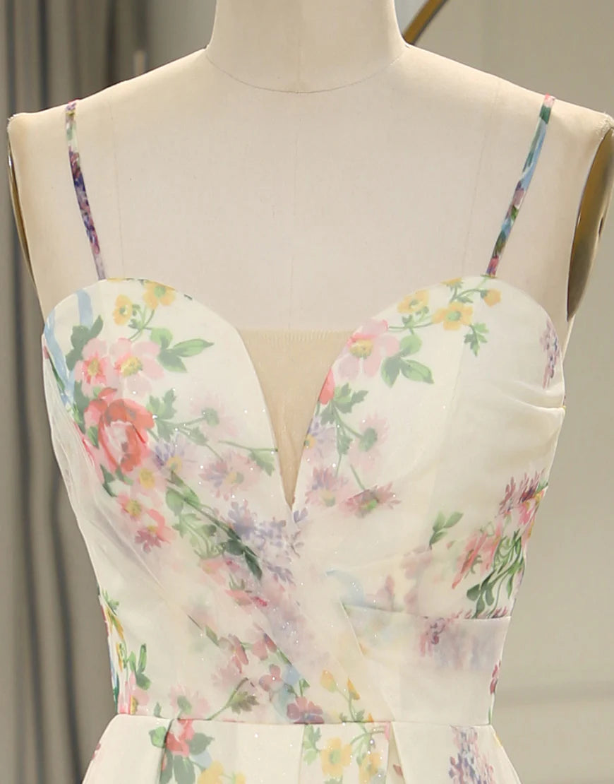 A-Line Spaghetti Straps Long Prom Dress Floral Print With Split