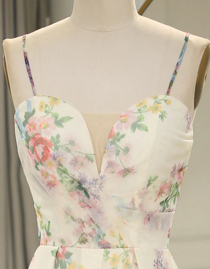 A-Line Spaghetti Straps Long Prom Dress Floral Print With Split