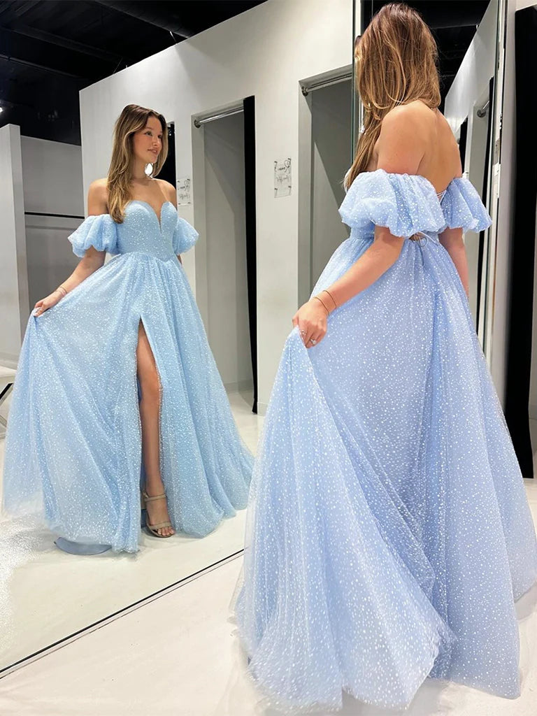 A-Line Sweetheart Neck Tulle Long Prom Dress Formal Dress With Slit
