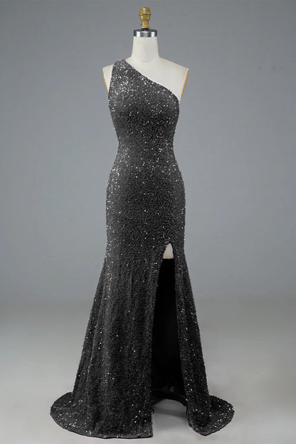 Fuchsia Sequin One-shoulder Long Prom Dress Evening Dresses with Slit