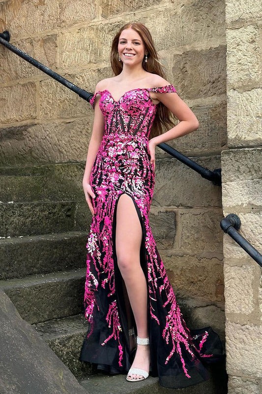 Charming Mermaid Off the Shoulder Pink Sequins Lace Prom Dress with Slit