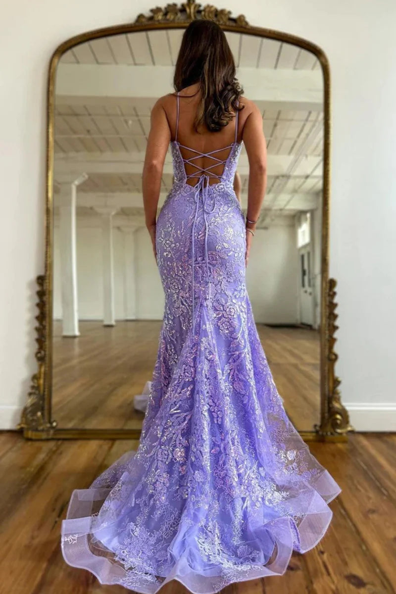 Mermaid Scoop Neck Lilac Sequin Lace Tulle Long Prom Dresses