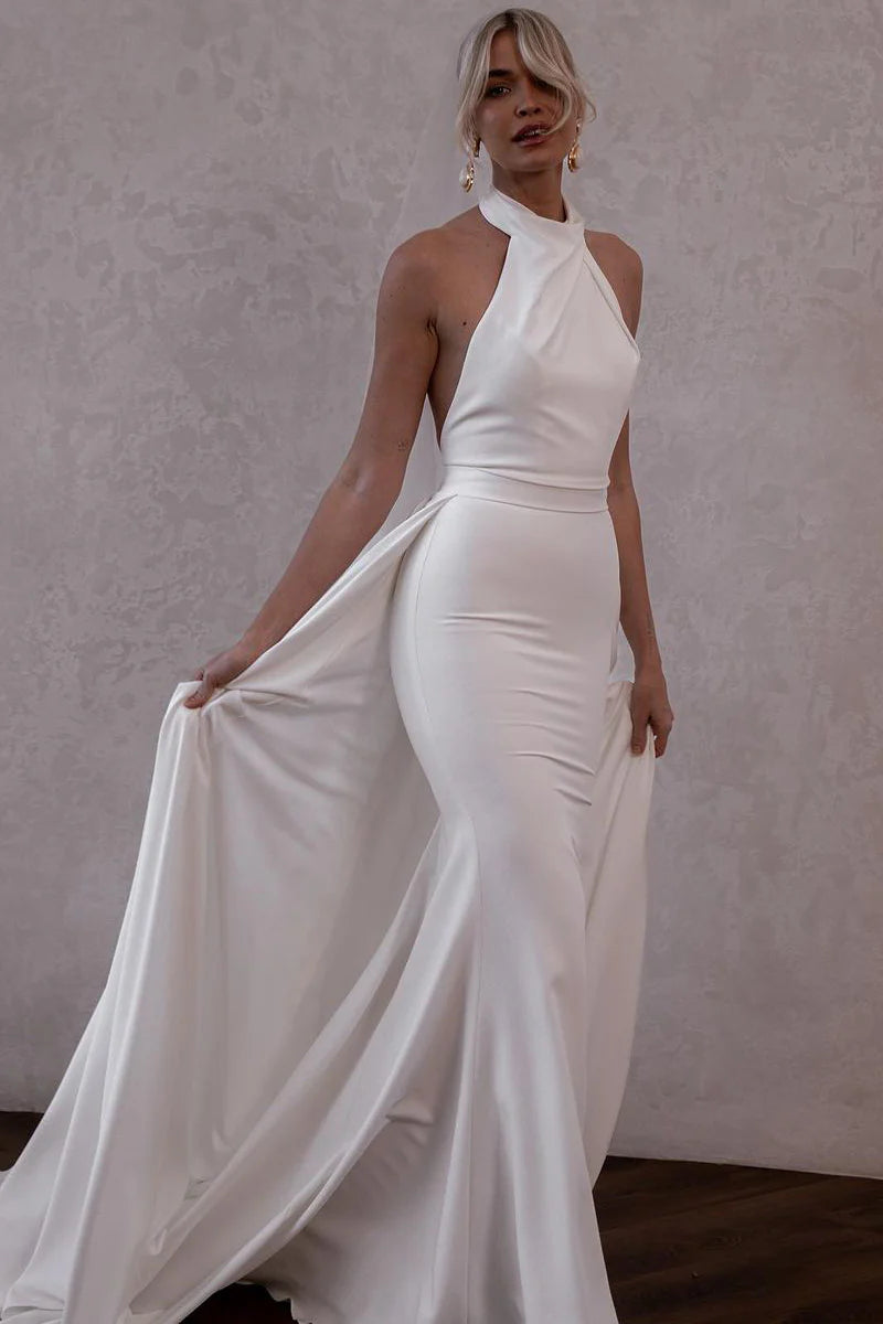 White Satin Halter Wedding Dresses with Train