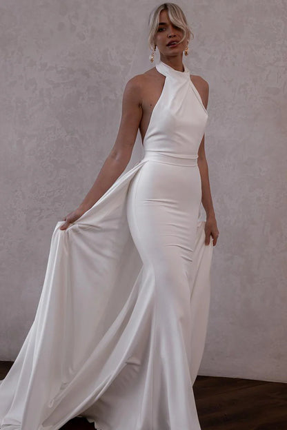 White Satin Halter Wedding Dresses with Train
