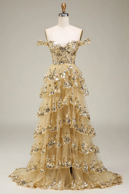 A-Line Off The Shoulder Prom Dress with Sequins Court Train Dresses