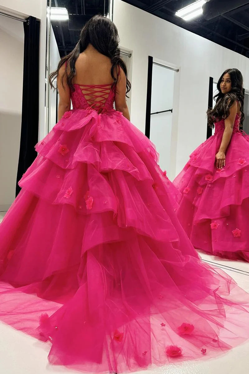 Fuchsia Sweetheart Tiered Tulle Ball Gown Princess Dress  Prom Dresses with Appliques