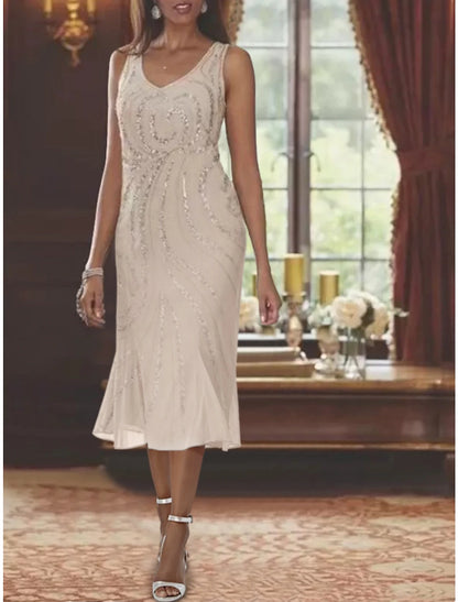 Two Piece Mother of the Bride Dress  V Neck Tea Length Chiffon with Beading Sequin
